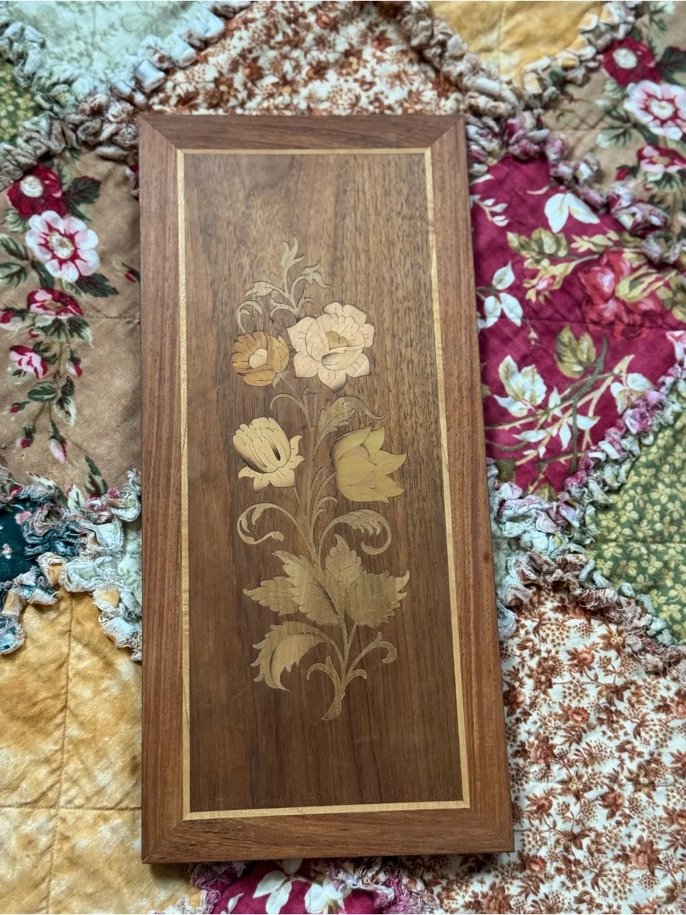 Vintage Floral Inlay Wooden Wall Plaque - Brown and Gold
